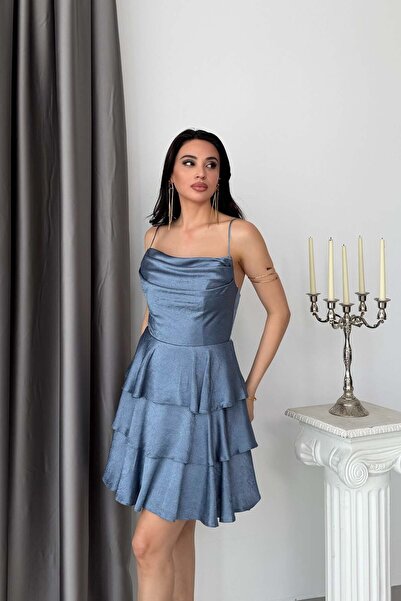 Serica Moda Indigo Draped Thin Strap Short Evening Dress with Tie Back