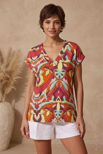 MELA ROSSA Women's Pink Orange Colorful Patterned Crepe Fabric V-Neck Low Sle...