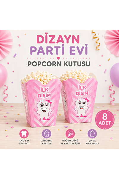 Dizayn Parti Evi Dişim Çıktı Popcorn Kutusu 8 Adet Pembe Diş Buğdayı Parti Ko...