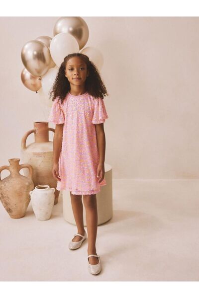Next Baby Cotton Pastel Pink Angelic Sleeves Sequined Party Dress