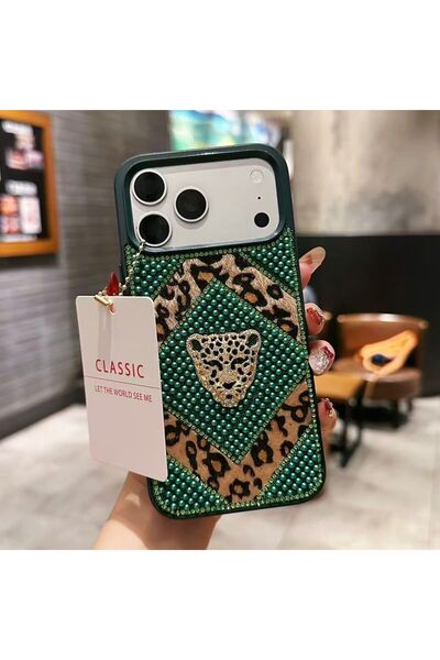 madamcase İPHONE 17 PRO MAX UYUMLU YEŞİL RENK LEOPAR DESENLİ TAŞLI TÜYLÜ PREM...