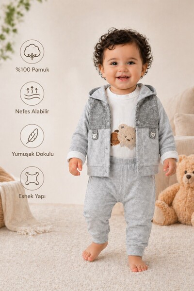 METEOR BABY Baby Boy 3-Piece Set Teddy Bear Embroidered Top and Bottom Seasonal Set 0 3 6 9 Months