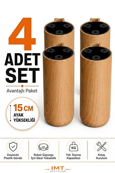 İMT AKSESUAR Bohem 15 cm Açık Meşe 4 Adet Mobilya Ayağı Robot Süpürgeye Uyuml...