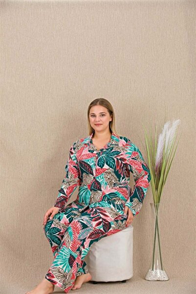 Aria's Closet Arias Closet Plus Size Colorful Leaf Pattern Buttoned Long Slee...