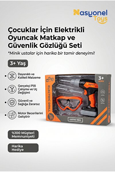 NASYONEL TOYS Çocuklar İçin Elektrikli Oyuncak Matkap Seti ve Güvenlik Gözlüğ...