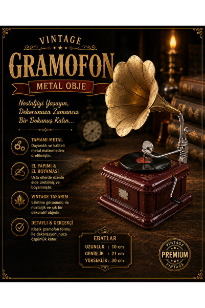 KOLAYEV Vintage Gramofon Metal Obje 30 Cm Nostaljik Dekor El Yapımı Eskitme T...