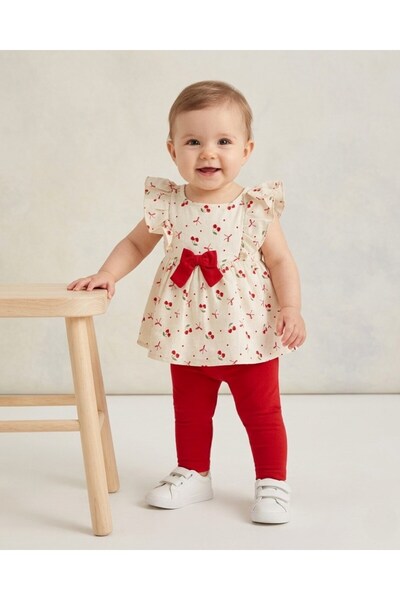 Ege Bebek Baby Girl Summer Cherry Printed Muslin Blouse and Leggings 1-2-3 Ye...