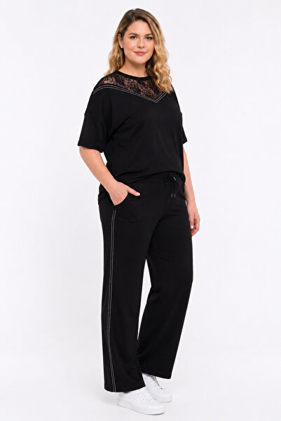Şans Women's Plus Size Black, Lace Collar and Stone Detailed Blouse, Stone De...