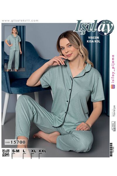 Işılay düğmeli gömlek yakalı yumuşak viscon kumaş puantiyeli kadın pijama takımı