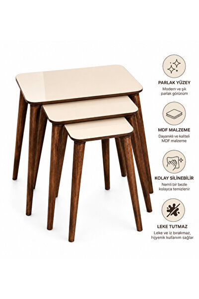 EFLORA DESIGN Premium Masif Gürgen Ağacı Ayaklı MDF Zigon Sehpa 3’lü Set Parl...
