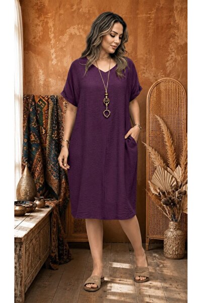 SİBELİZE Plus Size Bohemian-Inspired Casual Dress with Built-In Necklace