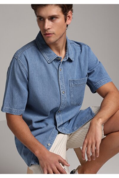Colin's Regular Fit Classic Collar Plain Men's Light Indigo Denim Short Sleev...