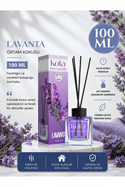 Koky Lavanta Reed Diffuser 100 ML Ortam Kokusu – Kalıcı Ferah Oda Kokusu