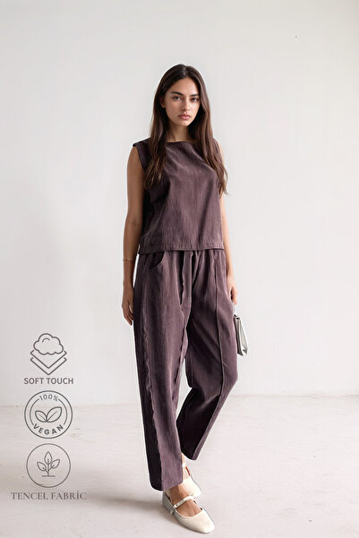 Bled Set Tencel din două piese – Bluză cu guler rotund și pantaloni tip morcov