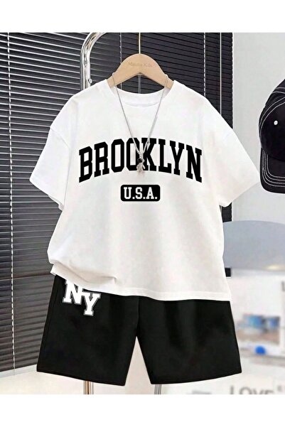 Daxia ERKEK Çocuk BROOKLYN NY Baskılı SİYAH ŞORT BEYAZ TİŞÖRT ŞORT TAKIM BİSİ...