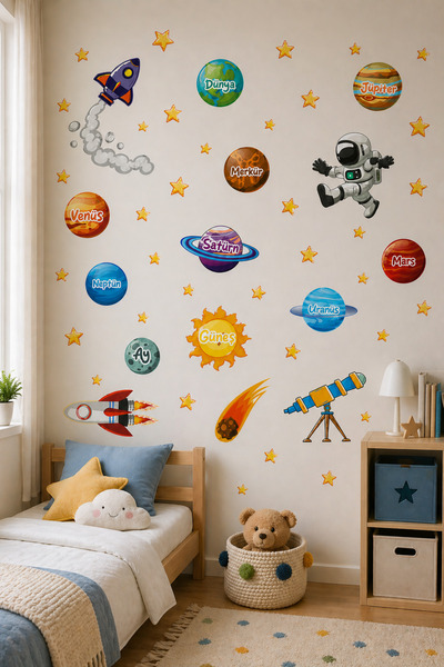 kutuTR Gezegenler ve Uzay Temalı Çocuk Odası Duvar Sticker Seti – 50x100 cm S...