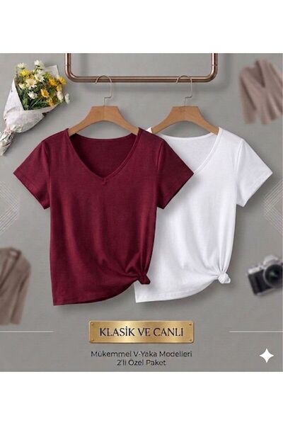 FAVORİST 2 Pieces of Plain Regular Fit Women's (V-Neck) T-Shirt