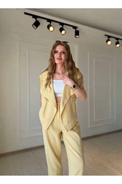 Store Yellow Double-Legged Linen Vest and Trousers Set