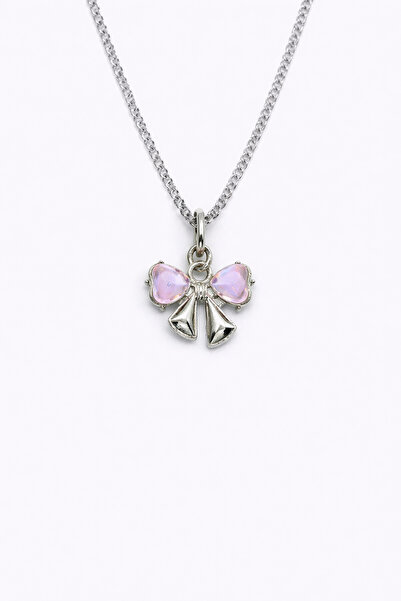 MakeWell Zircon Stone Heart Pendant with Pink Bow Detail Silver Color Stylish...