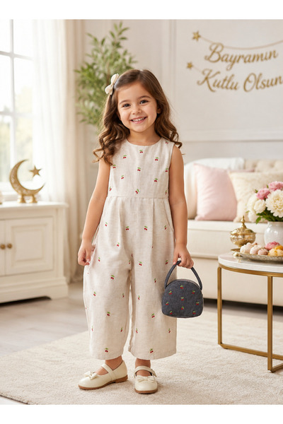 Kids Kız Çocuk Bayramlık-Günlük Kiraz Desenli Arkası Fiyonklu Fırfırlı ve Çan...