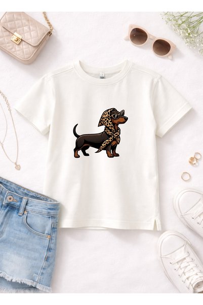 Neva Baby Boutique Dog Printed Unisex Kids Ecru Basic Short Sleeve T-Shirt 100% Cotton Crew Neck Combed Cotton T-Shirt 2-14 Years