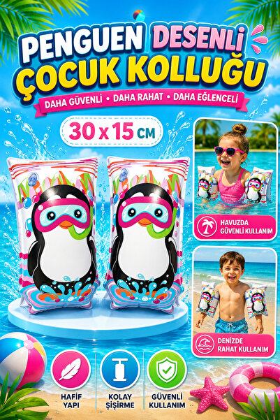 Tamsena Store 30x15 Cm Penguen Desenli Şişme Kolluk Çocuk Havuz Deniz Kolluğu...