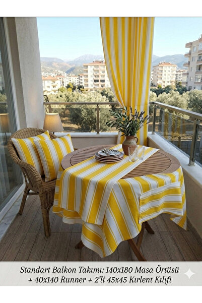 Zoya desing Lüks Gabardin Çizgili Balkon Seti Takımı Masa Örtüsü 2'Li Kırlent...