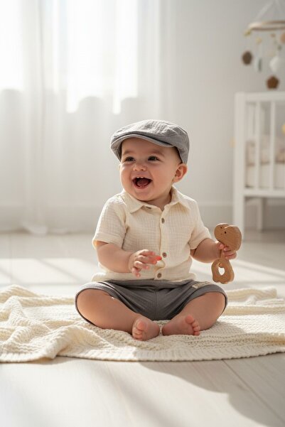 Golden Erkek Bebek Yazlık Müslin Takım Şapkalı Kısa Kollu Gömlek ve Şort Set