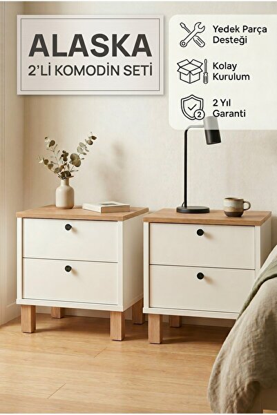 Robin Home Alaska Komodin 2'li Komodin Seti Çekmeceli Ahşap Ayaklı Sepet-Beyaz