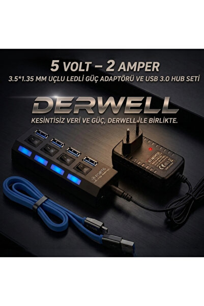 Derwell 3.5*1.35MM Uçlu Ledli Güç Adaptörü - 4 Port 3.0 Usb Hub Seti Anahtarl...