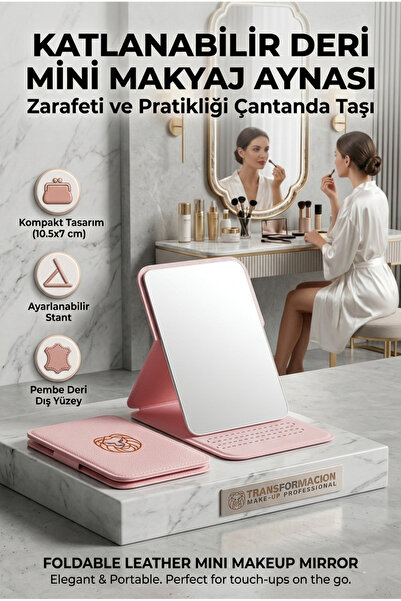 Transformacion Katlanabilir Stantlı Makyaj Aynası | Pembe Deri Çanta Boyu Min...