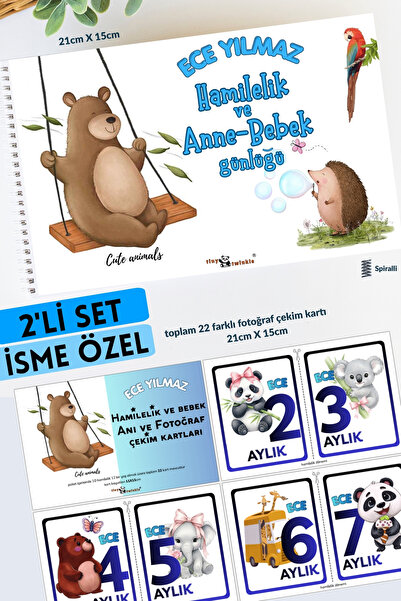 Lodos 2'Lİ SET İSME ÖZEL Anı Defteri Cute Animals Hamilelik ve Anne Bebek Anı...