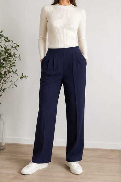 NO BRAND Pantaloni Dama Palazzo Eleganți, Talie Înaltă cu Pense, Bleumarin – ...