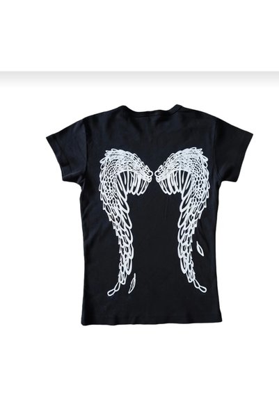 ciel moda Angel Wing Detailed Belt Length Black Crop Top
