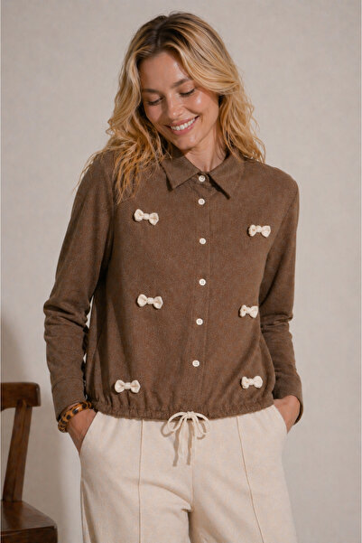 PENGORA Bow Detailed Comfortable Fit Long Sleeve Lace-Up Women's Shirt