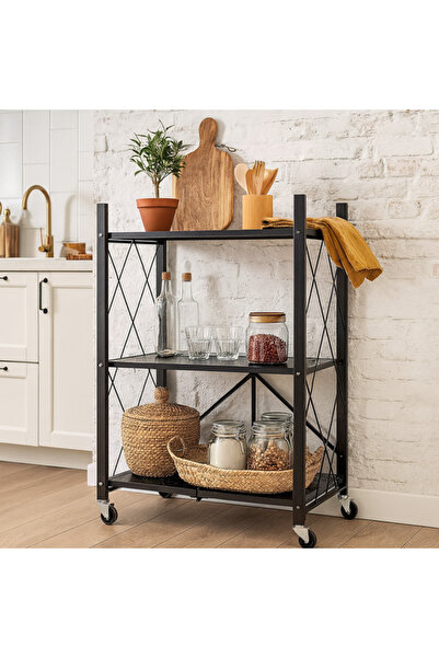 OEM Foldable Metal Storage Shelf on Wheels 72x34x87 cm (Black-RIF-RAFT)