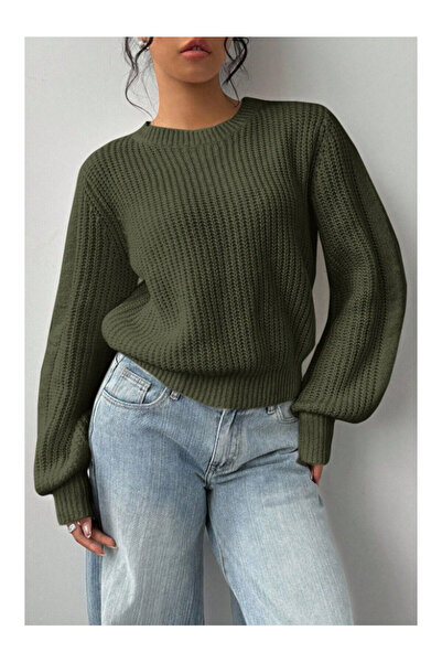 LC Waikiki Nevavm Women's Khaki Oversize Oval Collar Balloon Sleeve Ribbed Kn...