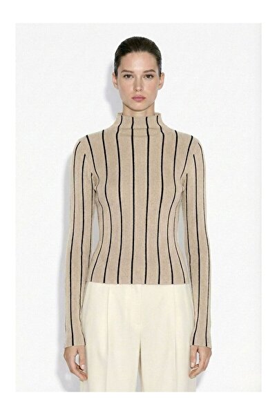 LC Waikiki Nevavm Farkıyla Mink-Black High Collar Mink Black Striped Knitwear...