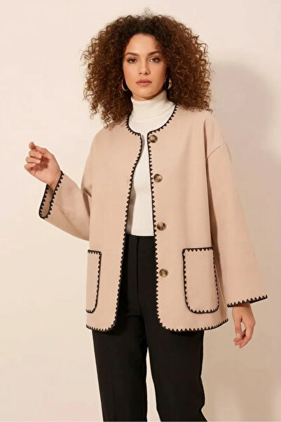 buğrahayalin Women's Shirt Collar Embroidered Cotton Beige Jacket