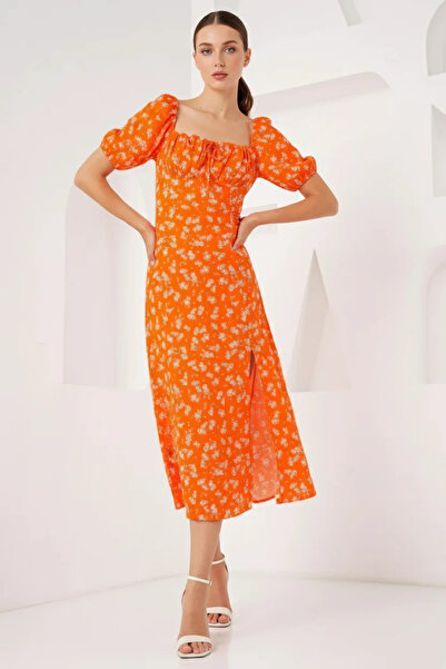 Generic Brand Women's Square Neck Elastic Waist Floral Patterned Viscose Oran...