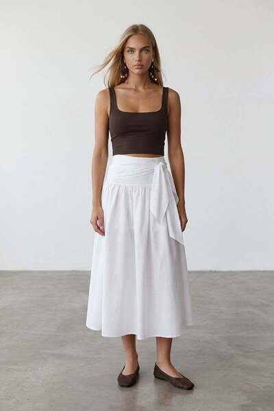 Trend Alaçatı Stili Women's Ecru Tie-Waist Zippered Lined Midi Poplin Skirt A...