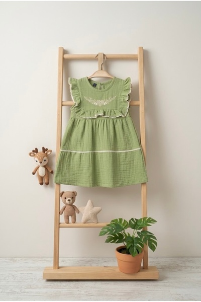Minelia Kids فستان بناتي من القطن الموسلين بنسبة 100% مع تفاصيل كشكشة وتطريز ...