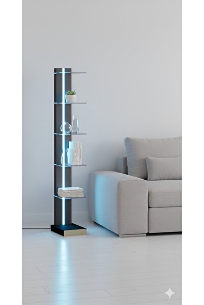 GÜVENÇ Modern RGB LED Işıklı 5 Raflı Lambader - Siyah MDF Gövde Şeffaf Pleksi...