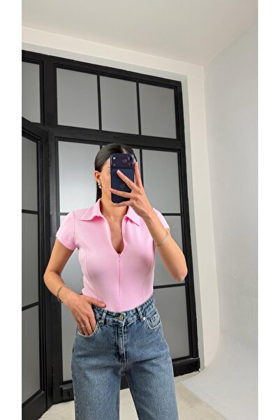 GAUS CO Pink Polo Collar Zippered Basic Blouse Gaus-01467