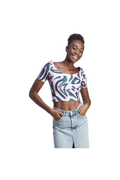 adidas Femei& # x27;s Tricou crop cu mânecă scurtă și imprimeu vibrant XS