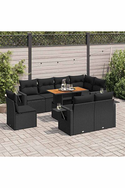 vidaxl Set mobilier de gradina cu perne, 9 piese, negru, poliratan
