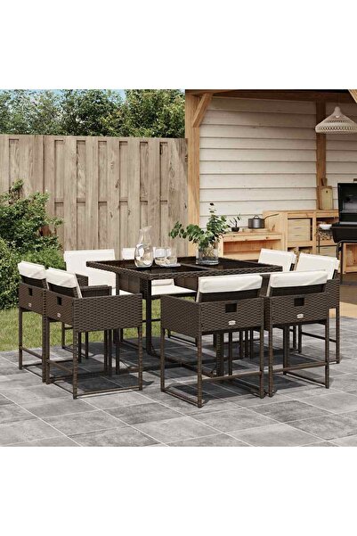 vidaxl Set mobilier de gradina cu perne, 9 piese, maro, poliratan