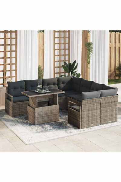 vidaxl Set de canapele pentru gradina cu perna 9 pcs Gri Rattan poli