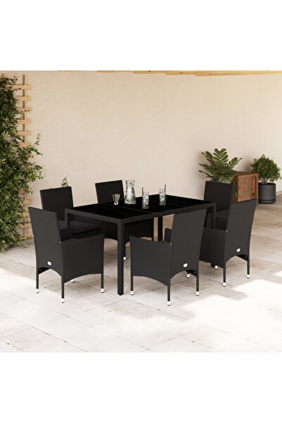 vidaxl Set mobilier de gradina cu perne 7 piese negru poliratan&sticla