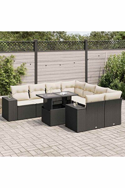 vidaxl Set mobilier de gradina cu perne, 9 piese, negru, poliratan